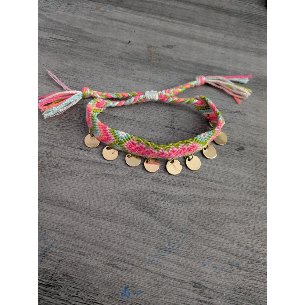 Boho Woven Friendship Bracelet Pink Green Chevron Gold Coin Charms Tassel Wrap